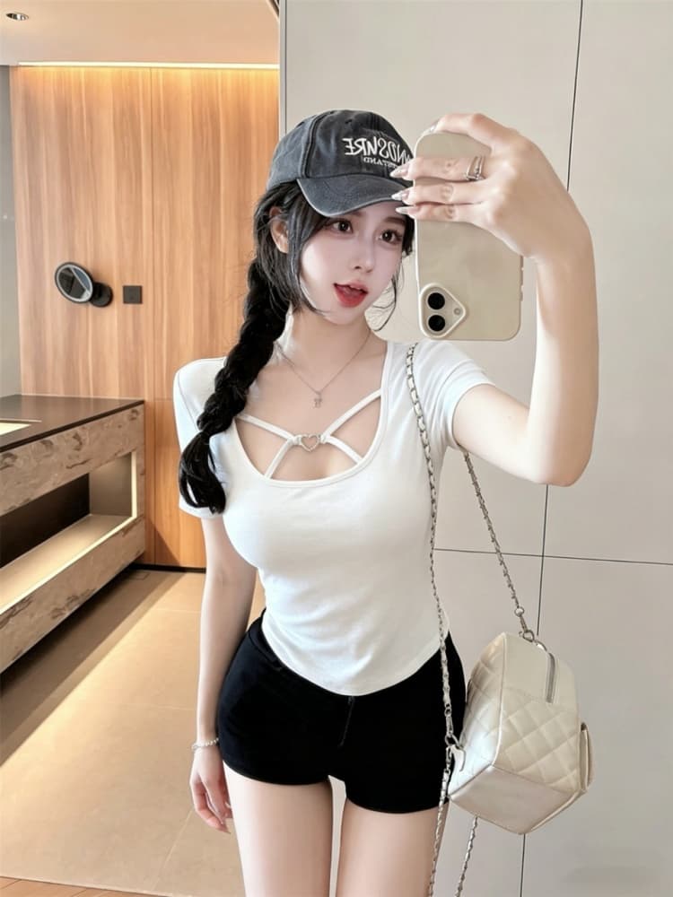 실사 정가 감소되지 않음 하트 십자가 반팔 티셔츠 여성 순수한 욕망 핫걸 섹시함 u 칼라 맨위 디자인 센스 상세 이미지 20