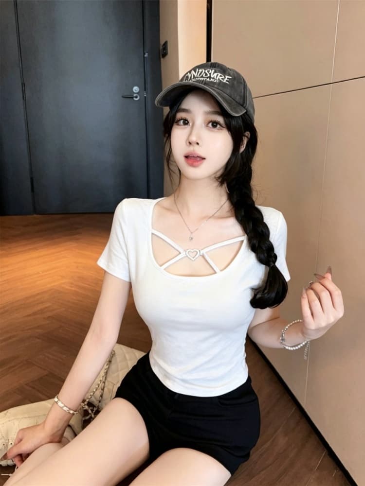실사 정가 감소되지 않음 하트 십자가 반팔 티셔츠 여성 순수한 욕망 핫걸 섹시함 u 칼라 맨위 디자인 센스 상세 이미지 21