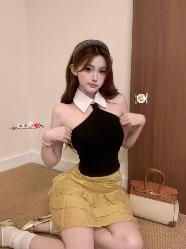 실사 정가 감소되지 않음 레트로 섹시함 배색 행침 목 튜브탑 맨위 순수한 욕망 바람 오프숄더 민소매 상세 이미지 2