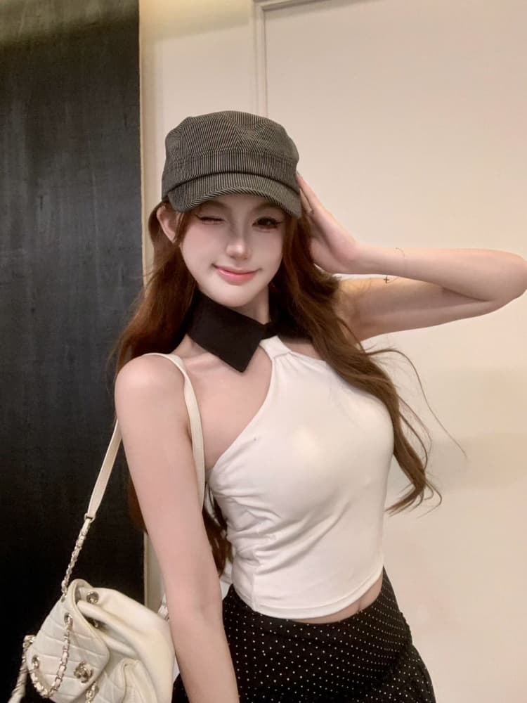 실사 정가 감소되지 않음 레트로 섹시함 배색 행침 목 튜브탑 맨위 순수한 욕망 바람 오프숄더 민소매 상세 이미지 11