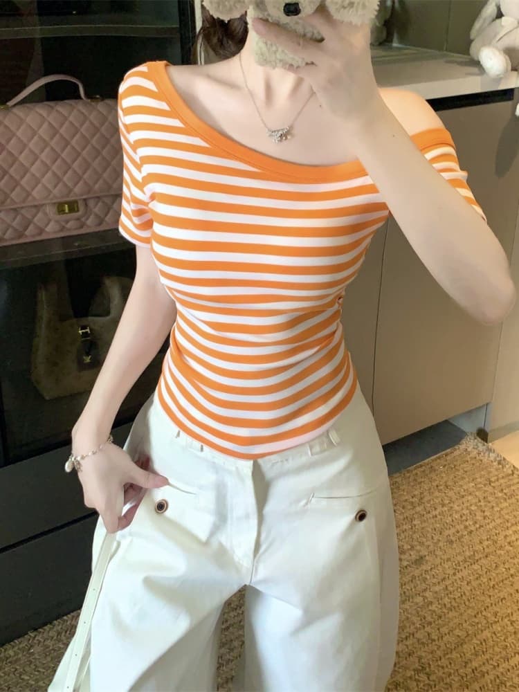 실사 정가 감소되지 않음 새로운 순수한 욕망 바람 스트라이프 프린트 패치워크 반팔 티셔츠 원피스 벨트 가슴 패드 의류 상세 이미지 7