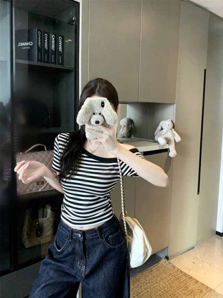 실사 정가 감소되지 않음 새로운 순수한 욕망 바람 스트라이프 프린트 패치워크 반팔 티셔츠 원피스 벨트 가슴 패드 의류 상세 이미지 10
