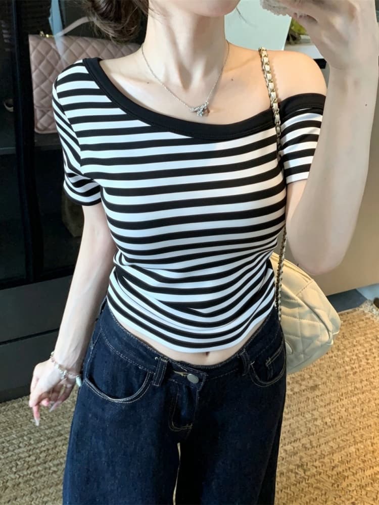 실사 정가 감소되지 않음 새로운 순수한 욕망 바람 스트라이프 프린트 패치워크 반팔 티셔츠 원피스 벨트 가슴 패드 의류 상세 이미지 13