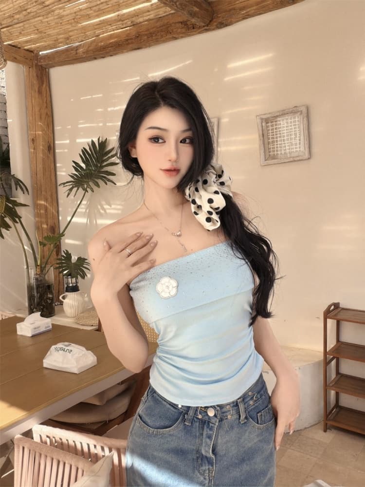 실사 정가 감소되지 않음 동백 나무 핫픽스 캐미솔 핫걸 오프숄더 튜브탑 작은 켜기 벨트 가슴 패드 상세 이미지 21