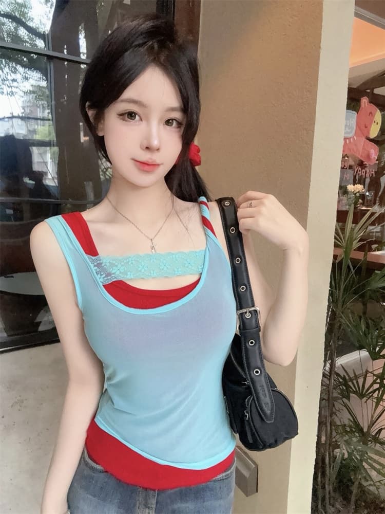실사 정가 감소되지 않음 핫걸 바람 섹시함 배색 패치워크 캐미솔 몸매 가꾸기 슬림해 보이는 다용도 맨위 이미지 3
