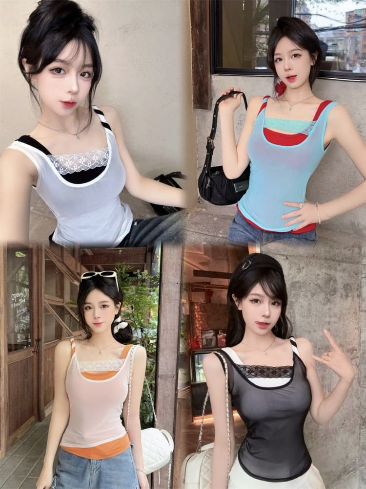 실사 정가 감소되지 않음 핫걸 바람 섹시함 배색 패치워크 캐미솔 몸매 가꾸기 슬림해 보이는 다용도 맨위 상세 이미지 2