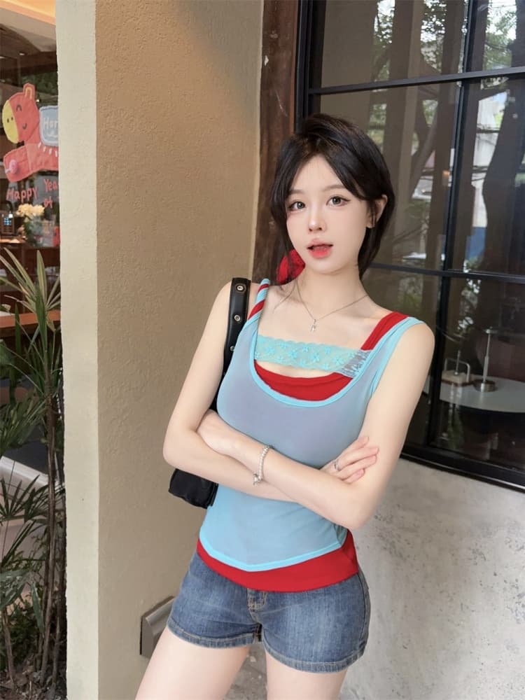 실사 정가 감소되지 않음 핫걸 바람 섹시함 배색 패치워크 캐미솔 몸매 가꾸기 슬림해 보이는 다용도 맨위 상세 이미지 5