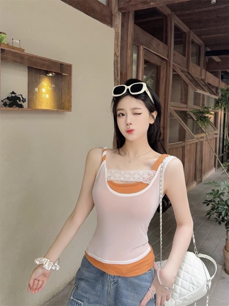 실사 정가 감소되지 않음 핫걸 바람 섹시함 배색 패치워크 캐미솔 몸매 가꾸기 슬림해 보이는 다용도 맨위 상세 이미지 8
