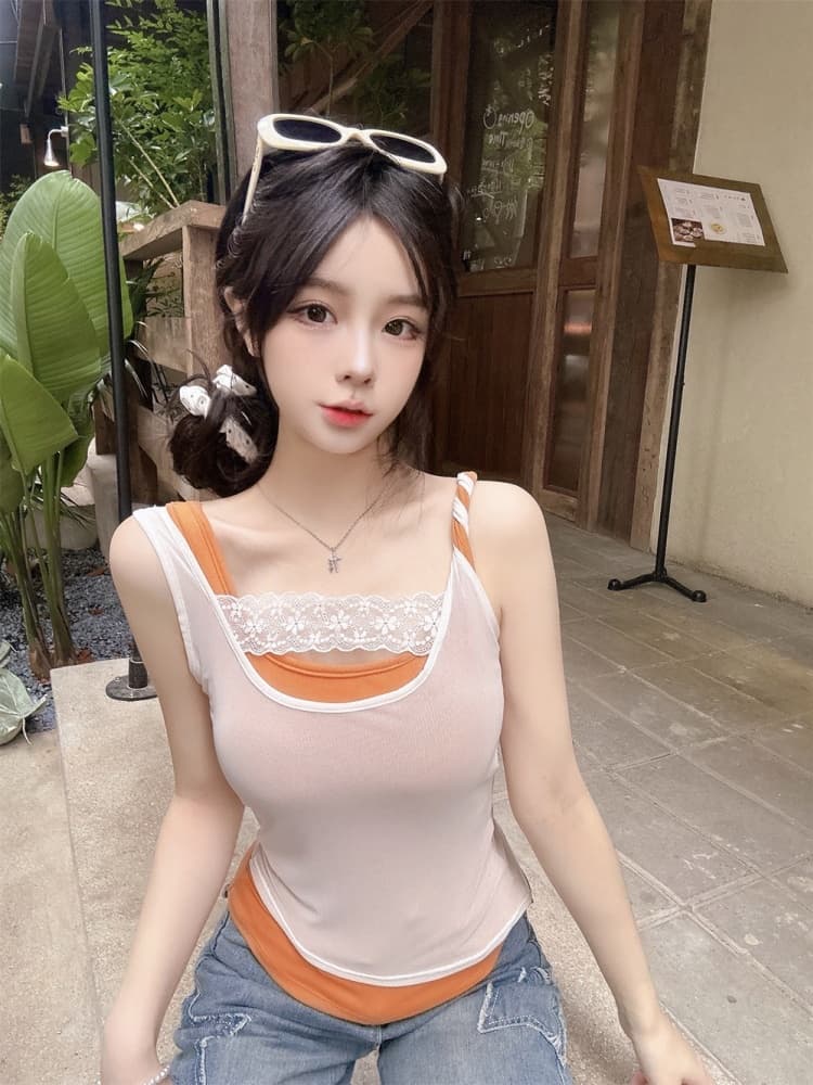 실사 정가 감소되지 않음 핫걸 바람 섹시함 배색 패치워크 캐미솔 몸매 가꾸기 슬림해 보이는 다용도 맨위 상세 이미지 12