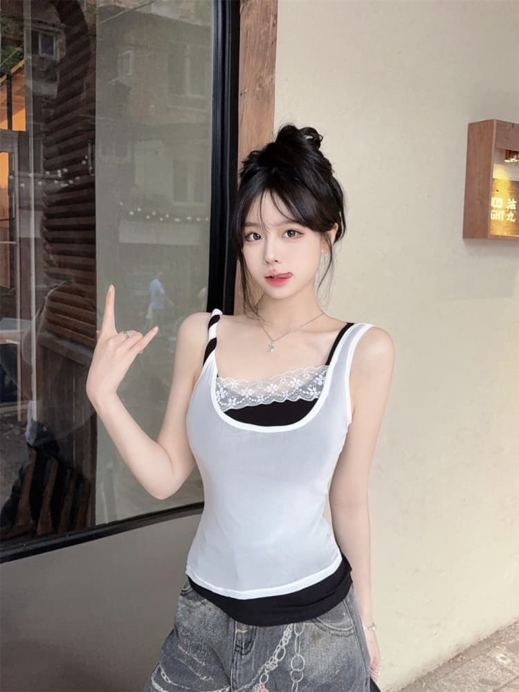 실사 정가 감소되지 않음 핫걸 바람 섹시함 배색 패치워크 캐미솔 몸매 가꾸기 슬림해 보이는 다용도 맨위 상세 이미지 17