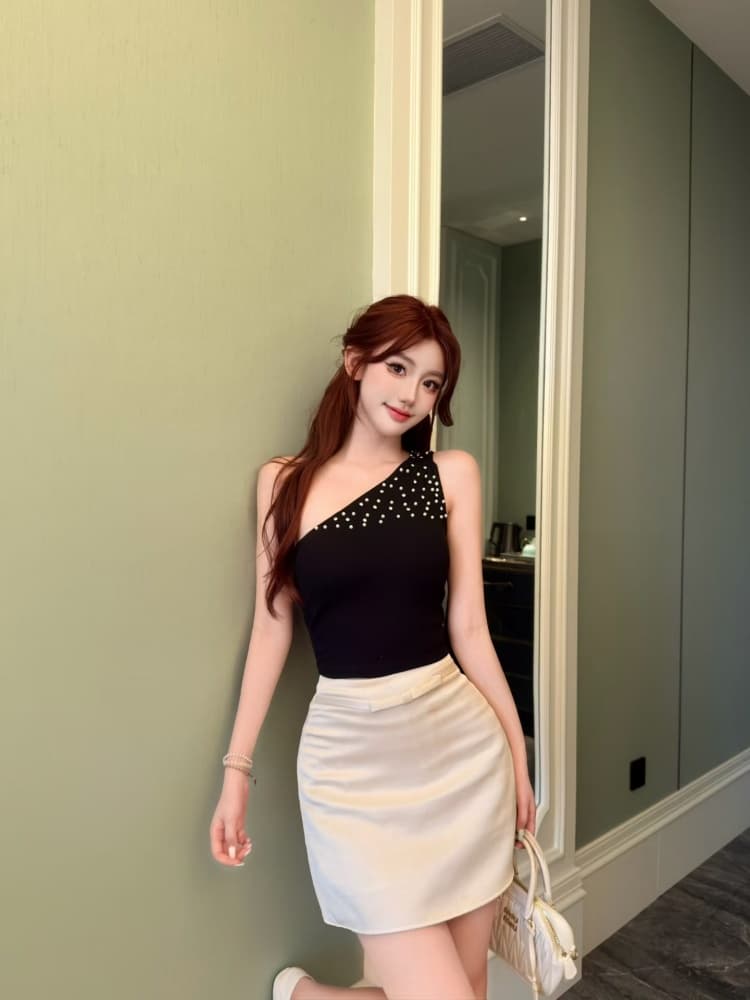 실사 정가 감소되지 않음 무거운 작업 스와로브스키 비즈 박기 슬립 비스듬한 어깨 조끼 여성 여름 디자인 센스 민소매 맨위 상세 이미지 1