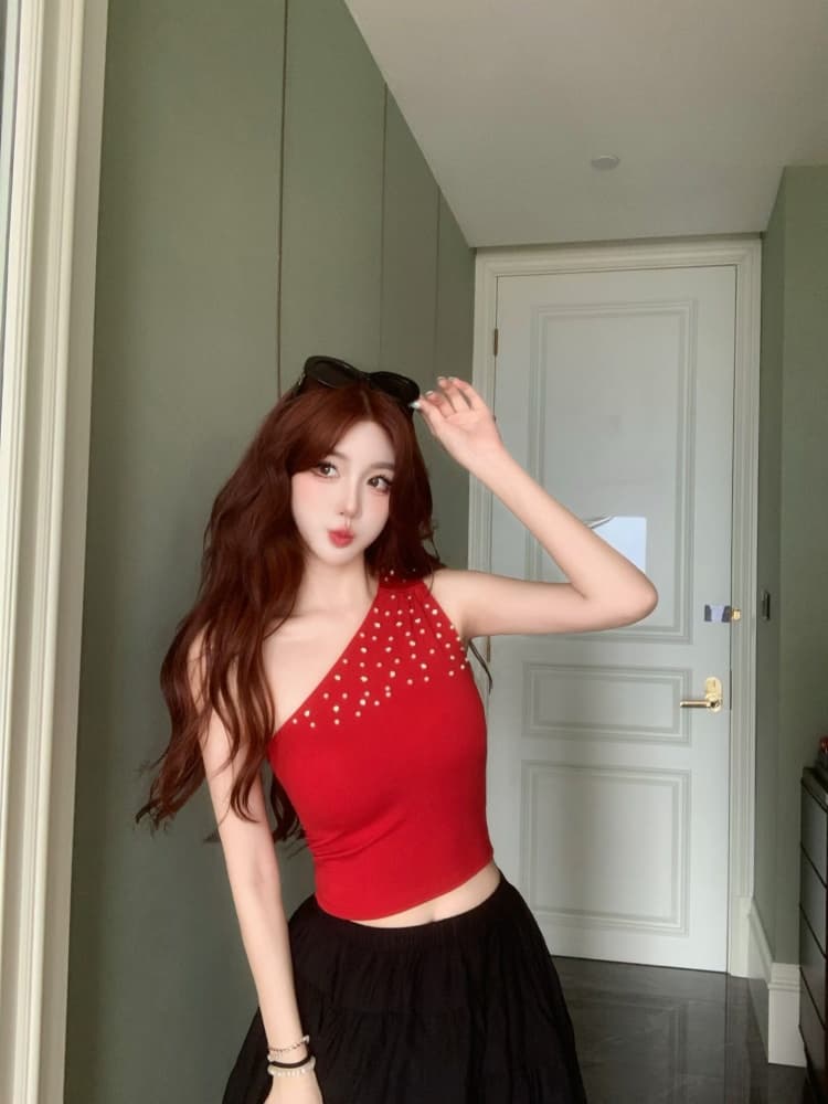 실사 정가 감소되지 않음 무거운 작업 스와로브스키 비즈 박기 슬립 비스듬한 어깨 조끼 여성 여름 디자인 센스 민소매 맨위 상세 이미지 6