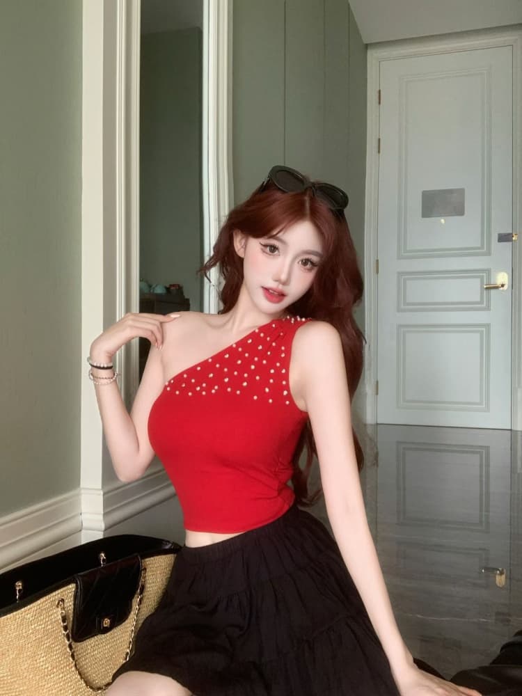 실사 정가 감소되지 않음 무거운 작업 스와로브스키 비즈 박기 슬립 비스듬한 어깨 조끼 여성 여름 디자인 센스 민소매 맨위 상세 이미지 10