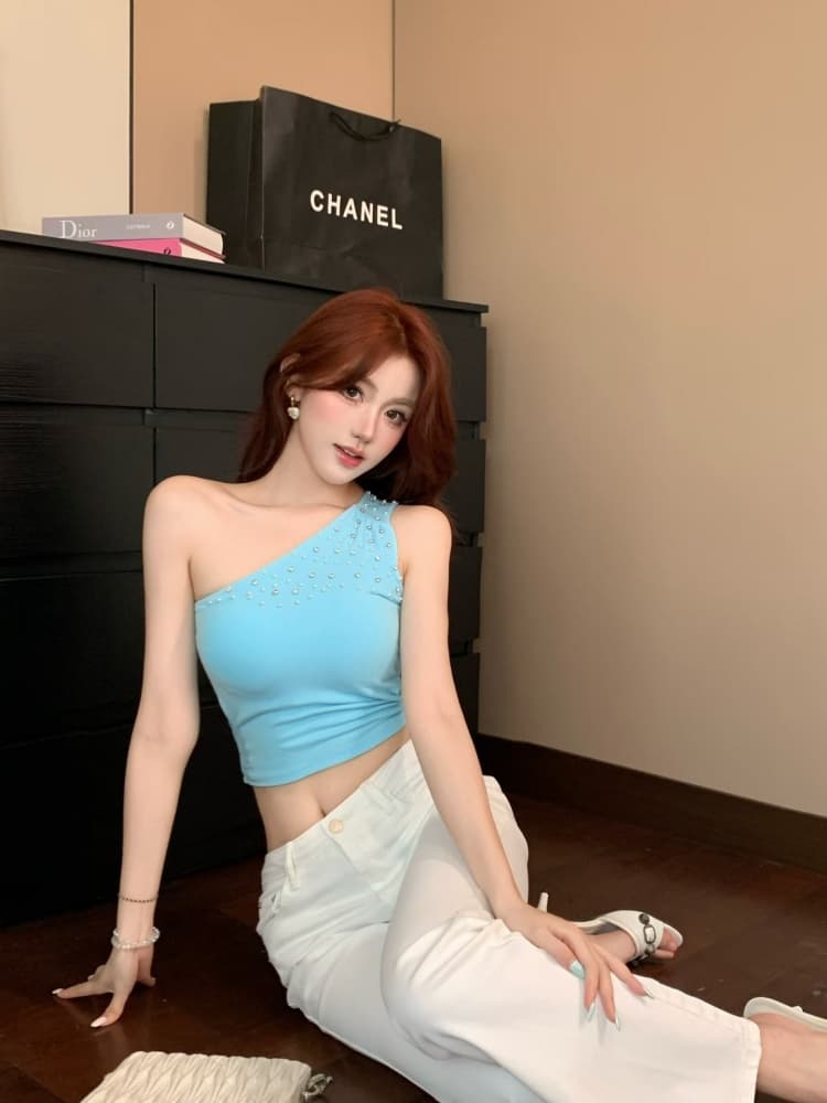 실사 정가 감소되지 않음 무거운 작업 스와로브스키 비즈 박기 슬립 비스듬한 어깨 조끼 여성 여름 디자인 센스 민소매 맨위 상세 이미지 15