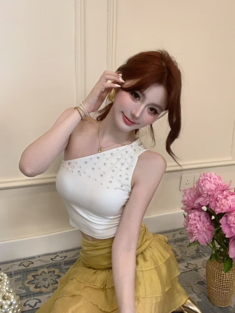 실사 정가 감소되지 않음 무거운 작업 스와로브스키 비즈 박기 슬립 비스듬한 어깨 조끼 여성 여름 디자인 센스 민소매 맨위 상세 이미지 18