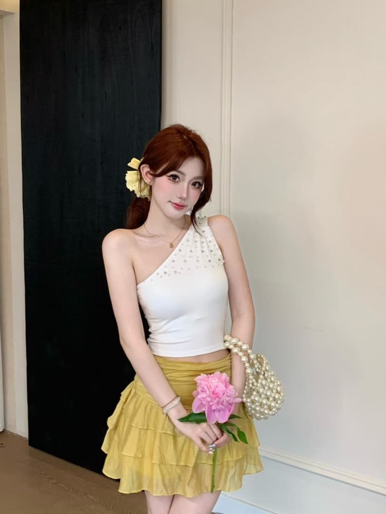 실사 정가 감소되지 않음 무거운 작업 스와로브스키 비즈 박기 슬립 비스듬한 어깨 조끼 여성 여름 디자인 센스 민소매 맨위 상세 이미지 19