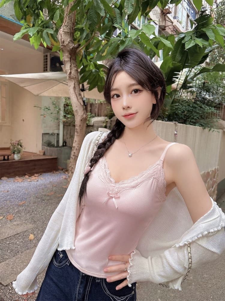 실사 정가 감소되지 않음 여름 맨위 V넥 순수한 욕망 레이스 측 파대 가슴 패드 어깨끈 수 있습니다. 조정 캐미솔 상세 이미지 5
