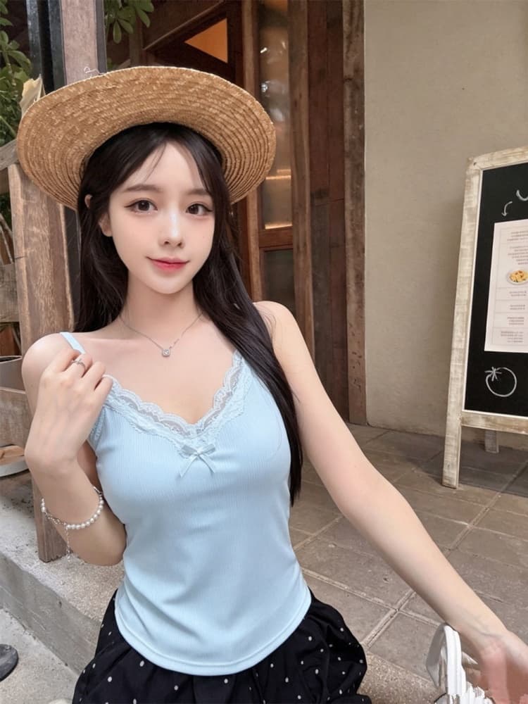 실사 정가 감소되지 않음 여름 맨위 V넥 순수한 욕망 레이스 측 파대 가슴 패드 어깨끈 수 있습니다. 조정 캐미솔 상세 이미지 18