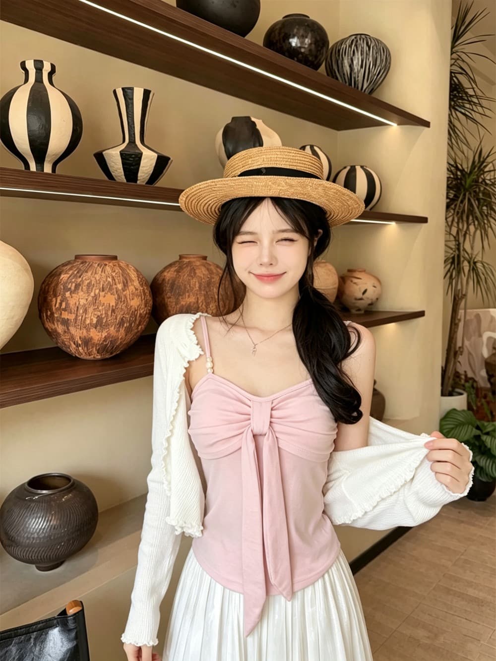 실사 정가 감소되지 않음 나비 매듭 캐미솔 디자인 센스 몸매 가꾸기 슬림해 보이는 순수한 욕망 바람 민소매 짧은 맨위 상세 이미지 4