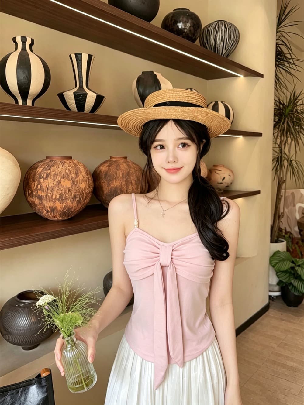 실사 정가 감소되지 않음 나비 매듭 캐미솔 디자인 센스 몸매 가꾸기 슬림해 보이는 순수한 욕망 바람 민소매 짧은 맨위 상세 이미지 5