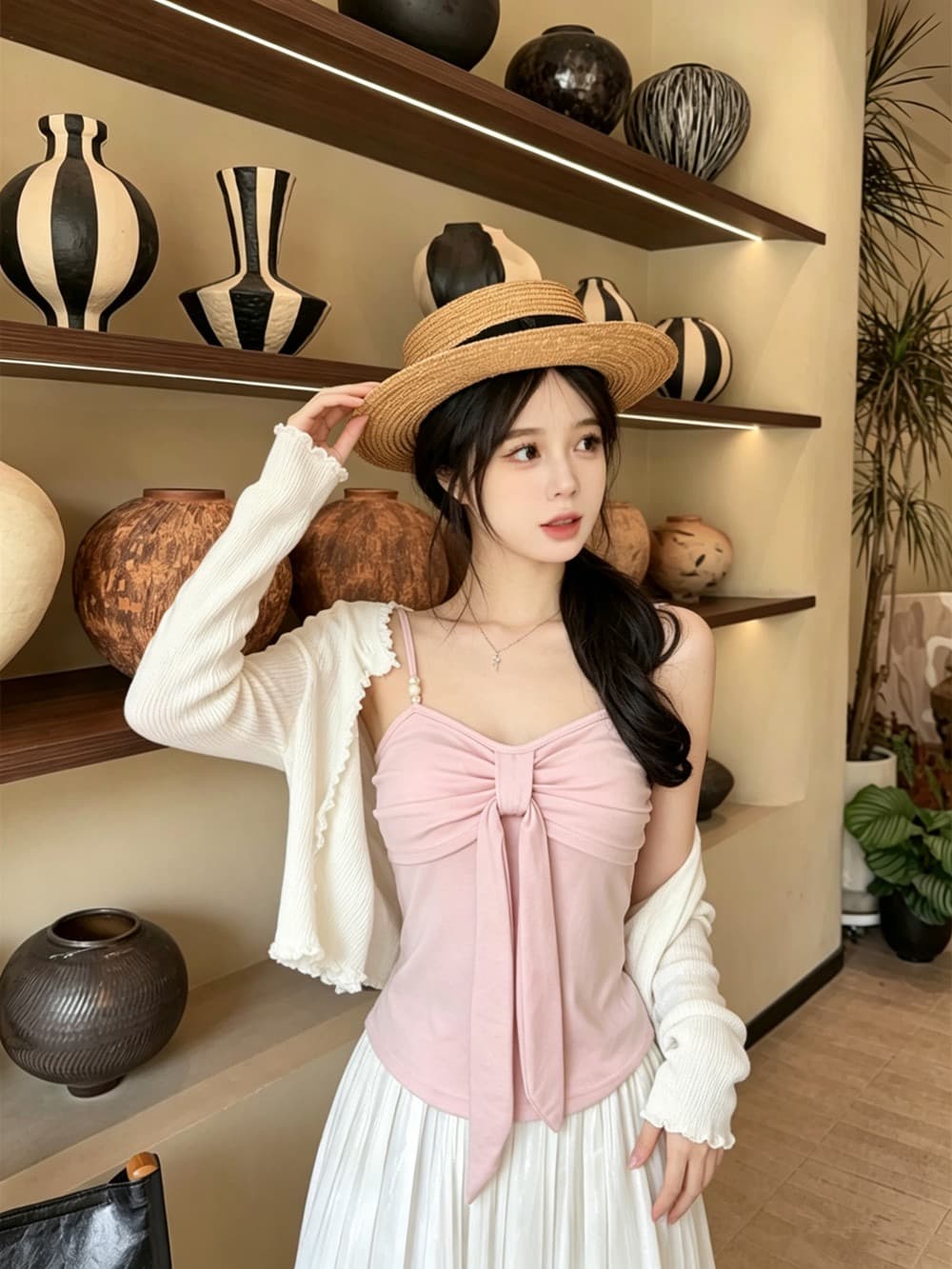 실사 정가 감소되지 않음 나비 매듭 캐미솔 디자인 센스 몸매 가꾸기 슬림해 보이는 순수한 욕망 바람 민소매 짧은 맨위 상세 이미지 6