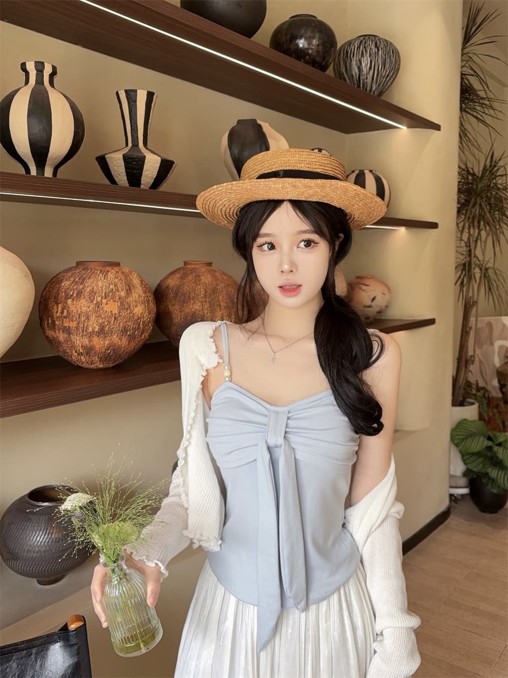 실사 정가 감소되지 않음 나비 매듭 캐미솔 디자인 센스 몸매 가꾸기 슬림해 보이는 순수한 욕망 바람 민소매 짧은 맨위 상세 이미지 7