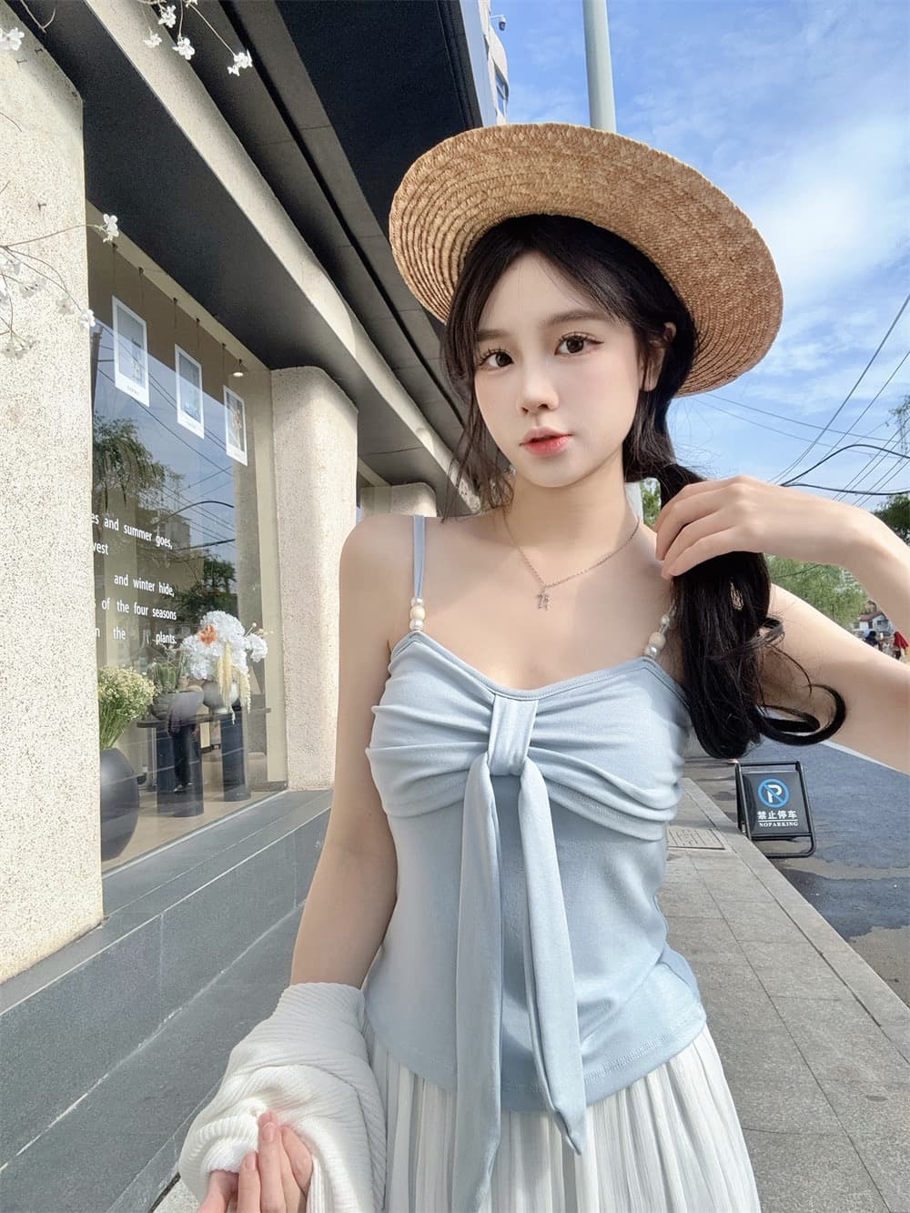 실사 정가 감소되지 않음 나비 매듭 캐미솔 디자인 센스 몸매 가꾸기 슬림해 보이는 순수한 욕망 바람 민소매 짧은 맨위 상세 이미지 9