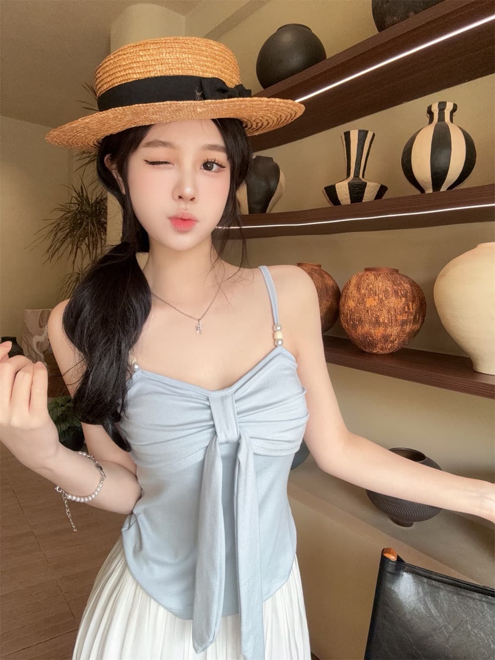 실사 정가 감소되지 않음 나비 매듭 캐미솔 디자인 센스 몸매 가꾸기 슬림해 보이는 순수한 욕망 바람 민소매 짧은 맨위 상세 이미지 10
