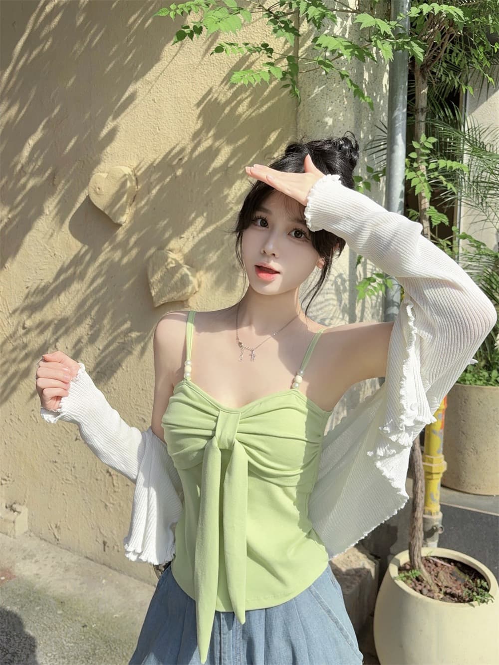 실사 정가 감소되지 않음 나비 매듭 캐미솔 디자인 센스 몸매 가꾸기 슬림해 보이는 순수한 욕망 바람 민소매 짧은 맨위 상세 이미지 12