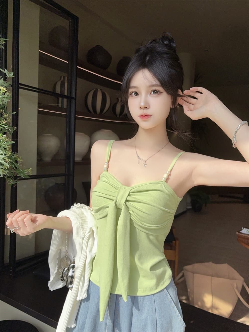 실사 정가 감소되지 않음 나비 매듭 캐미솔 디자인 센스 몸매 가꾸기 슬림해 보이는 순수한 욕망 바람 민소매 짧은 맨위 상세 이미지 13