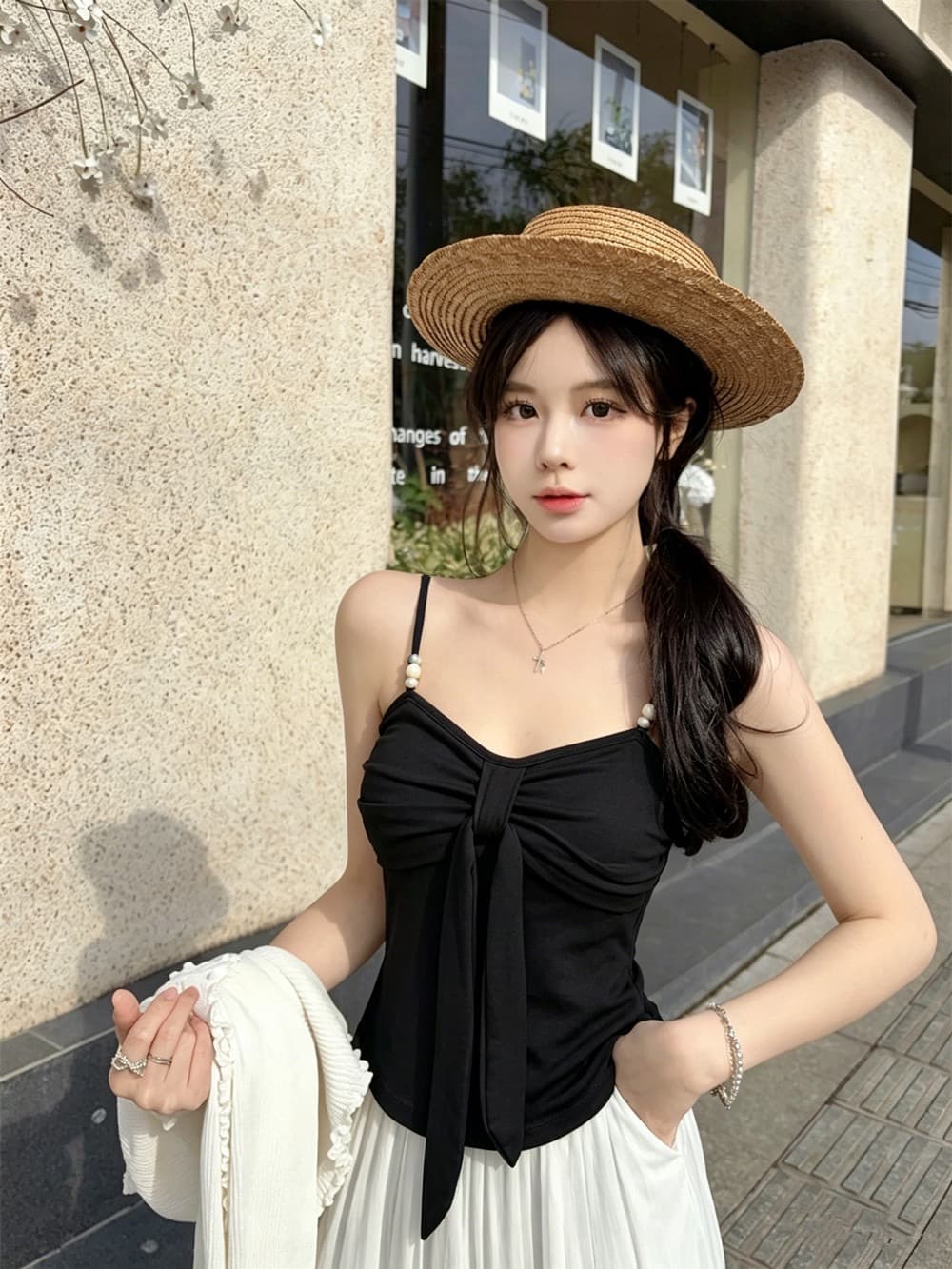 실사 정가 감소되지 않음 나비 매듭 캐미솔 디자인 센스 몸매 가꾸기 슬림해 보이는 순수한 욕망 바람 민소매 짧은 맨위 상세 이미지 15