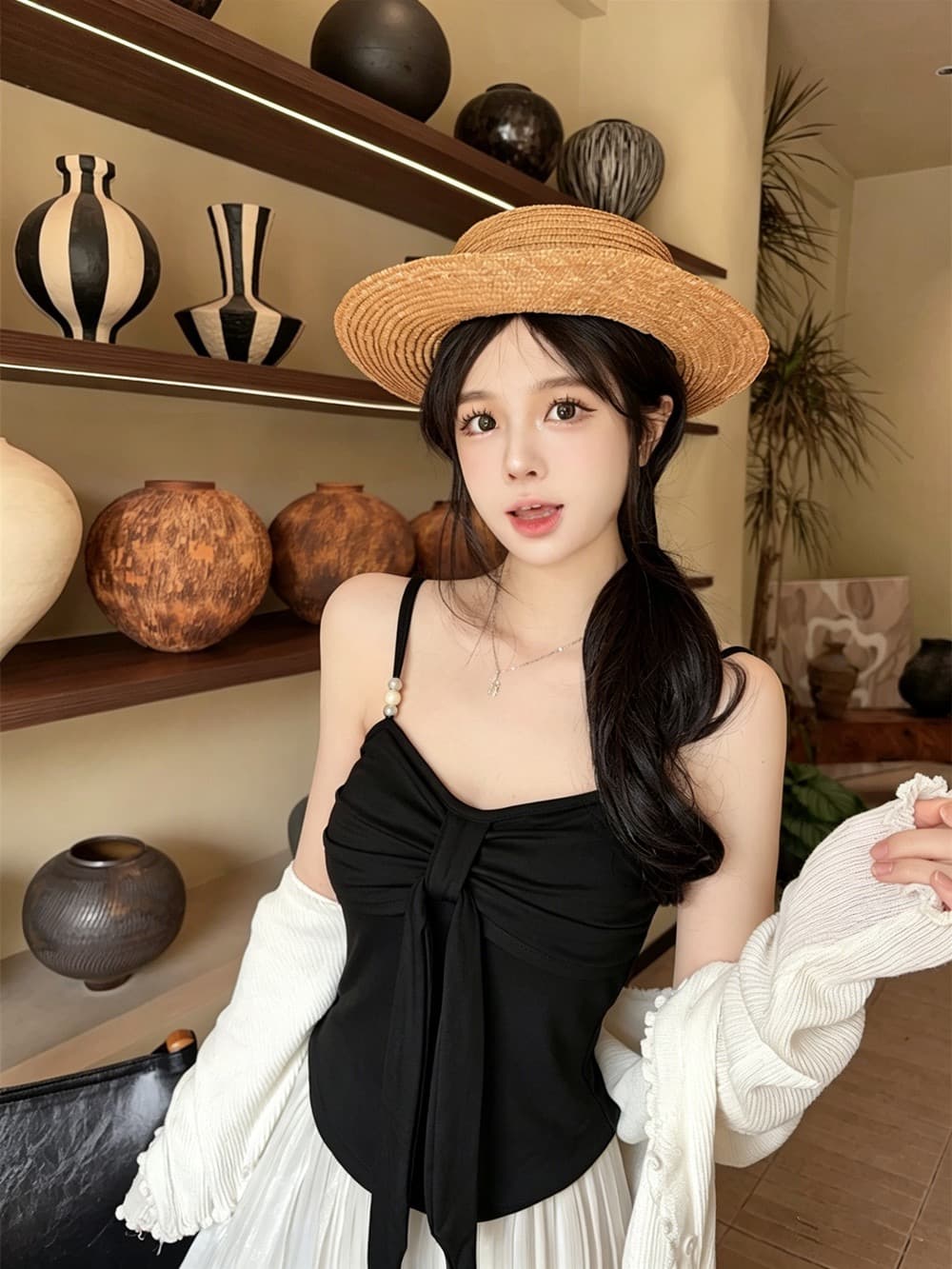 실사 정가 감소되지 않음 나비 매듭 캐미솔 디자인 센스 몸매 가꾸기 슬림해 보이는 순수한 욕망 바람 민소매 짧은 맨위 상세 이미지 16