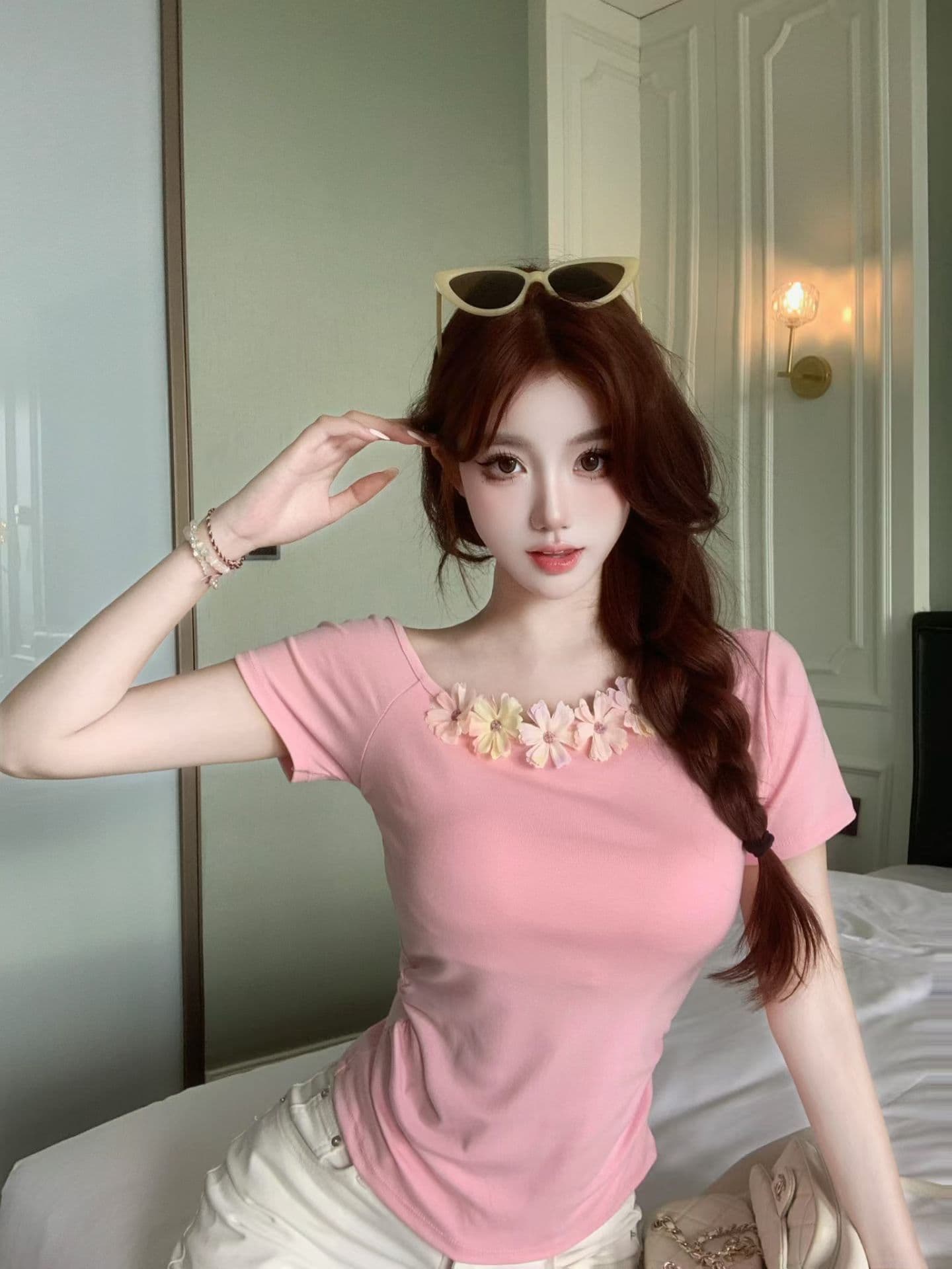 실사 정가 감소되지 않음 활력 활력 바람 색상 꽃 비스듬한 어깨 티셔츠 몸매 가꾸기 Chic 오프숄더 반팔 셔츠 상세 이미지 22