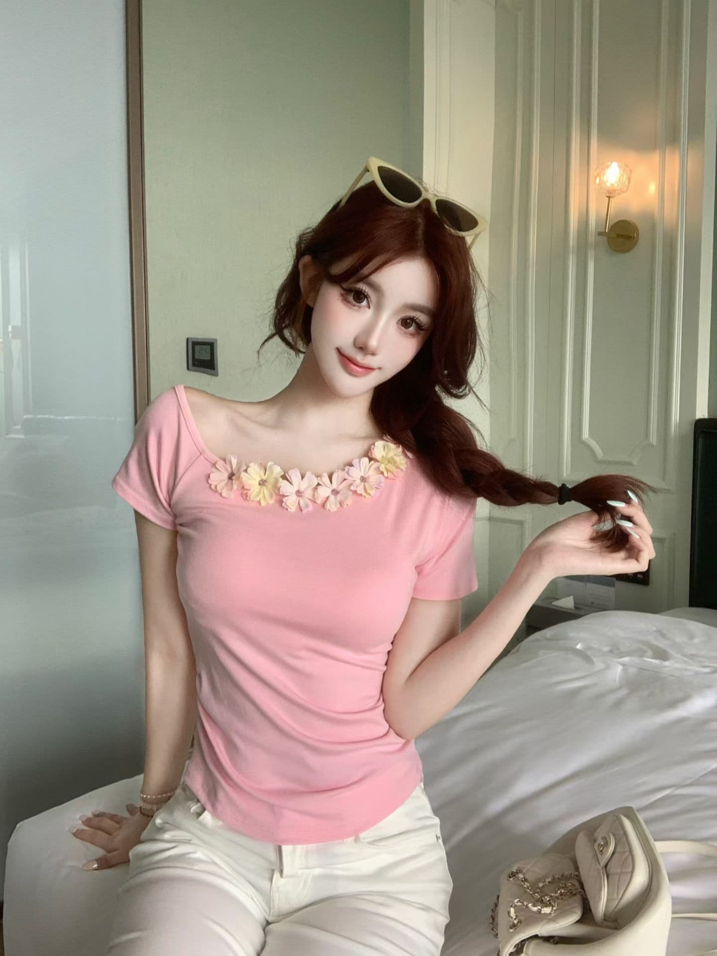 실사 정가 감소되지 않음 활력 활력 바람 색상 꽃 비스듬한 어깨 티셔츠 몸매 가꾸기 Chic 오프숄더 반팔 셔츠 상세 이미지 25