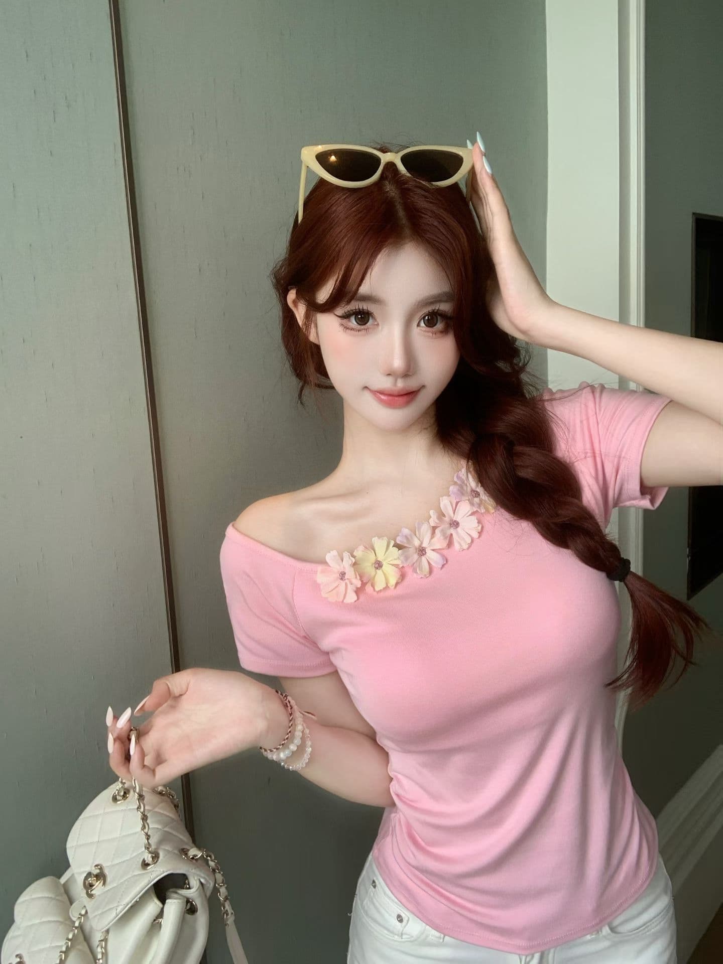 실사 정가 감소되지 않음 활력 활력 바람 색상 꽃 비스듬한 어깨 티셔츠 몸매 가꾸기 Chic 오프숄더 반팔 셔츠 상세 이미지 26