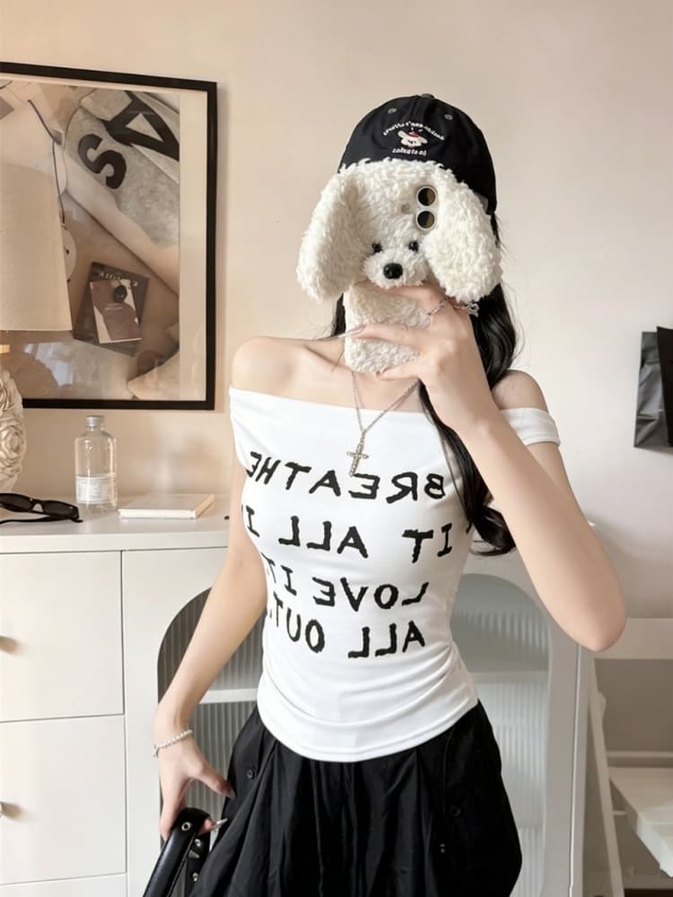 실사 정가 감소되지 않음 순수한 욕망 바람 비스듬한 어깨 알파벳 프린트 패치워크 반팔 티셔츠 여성 원피스 벨트 가슴 패드 의류 상세 이미지 8