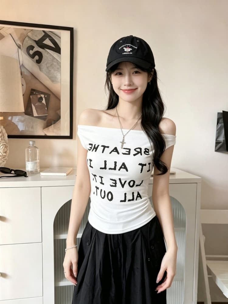 실사 정가 감소되지 않음 순수한 욕망 바람 비스듬한 어깨 알파벳 프린트 패치워크 반팔 티셔츠 여성 원피스 벨트 가슴 패드 의류 상세 이미지 10