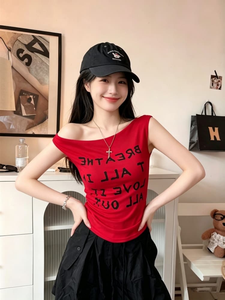 실사 정가 감소되지 않음 순수한 욕망 바람 비스듬한 어깨 알파벳 프린트 패치워크 반팔 티셔츠 여성 원피스 벨트 가슴 패드 의류 상세 이미지 13