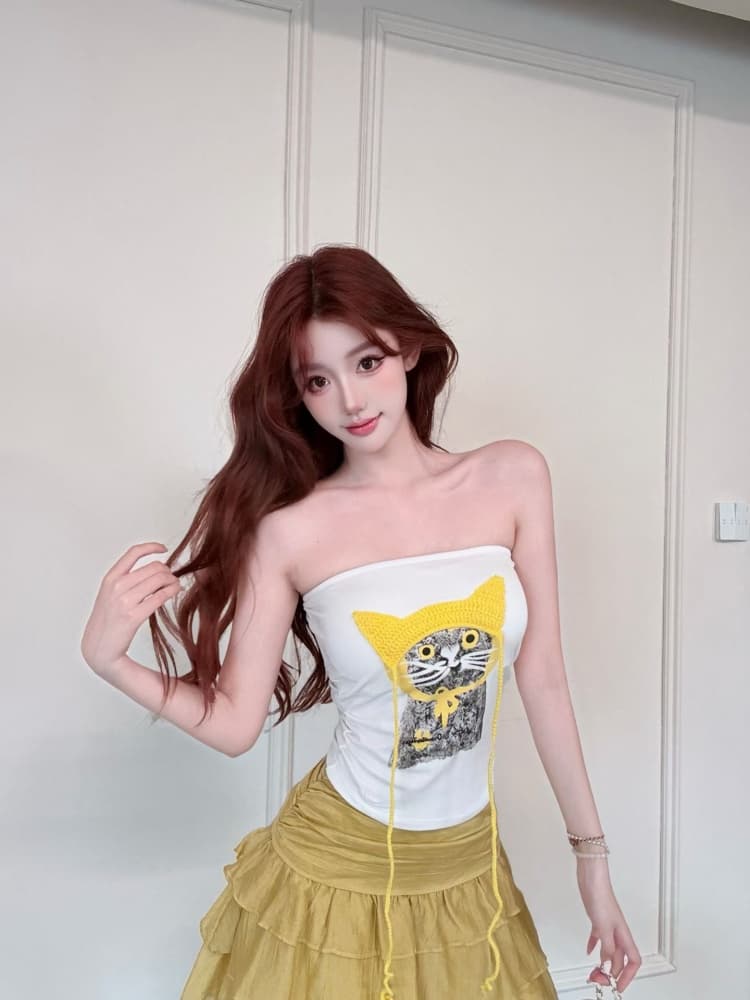 실사 정가 감소되지 않음 핫걸 바람 고양이 프린트 튜브탑 조끼 여성 벨트 가슴 패드 몸매 가꾸기 슬림해 보이는 오프숄더 맨위 이미지 3