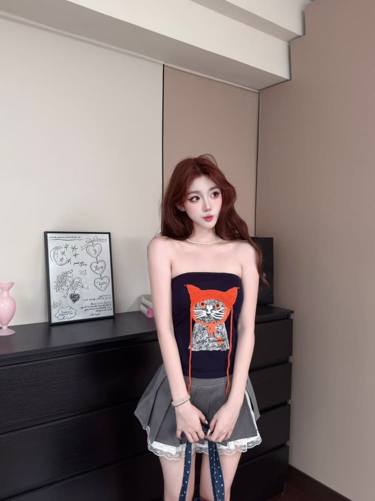 실사 정가 감소되지 않음 핫걸 바람 고양이 프린트 튜브탑 조끼 여성 벨트 가슴 패드 몸매 가꾸기 슬림해 보이는 오프숄더 맨위 상세 이미지 1