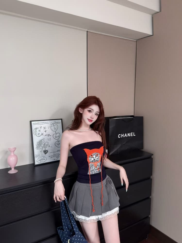 실사 정가 감소되지 않음 핫걸 바람 고양이 프린트 튜브탑 조끼 여성 벨트 가슴 패드 몸매 가꾸기 슬림해 보이는 오프숄더 맨위 상세 이미지 2