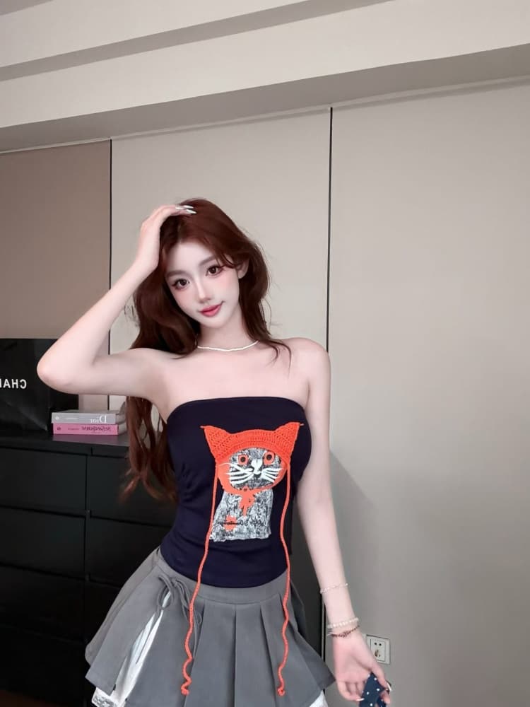 실사 정가 감소되지 않음 핫걸 바람 고양이 프린트 튜브탑 조끼 여성 벨트 가슴 패드 몸매 가꾸기 슬림해 보이는 오프숄더 맨위 상세 이미지 7