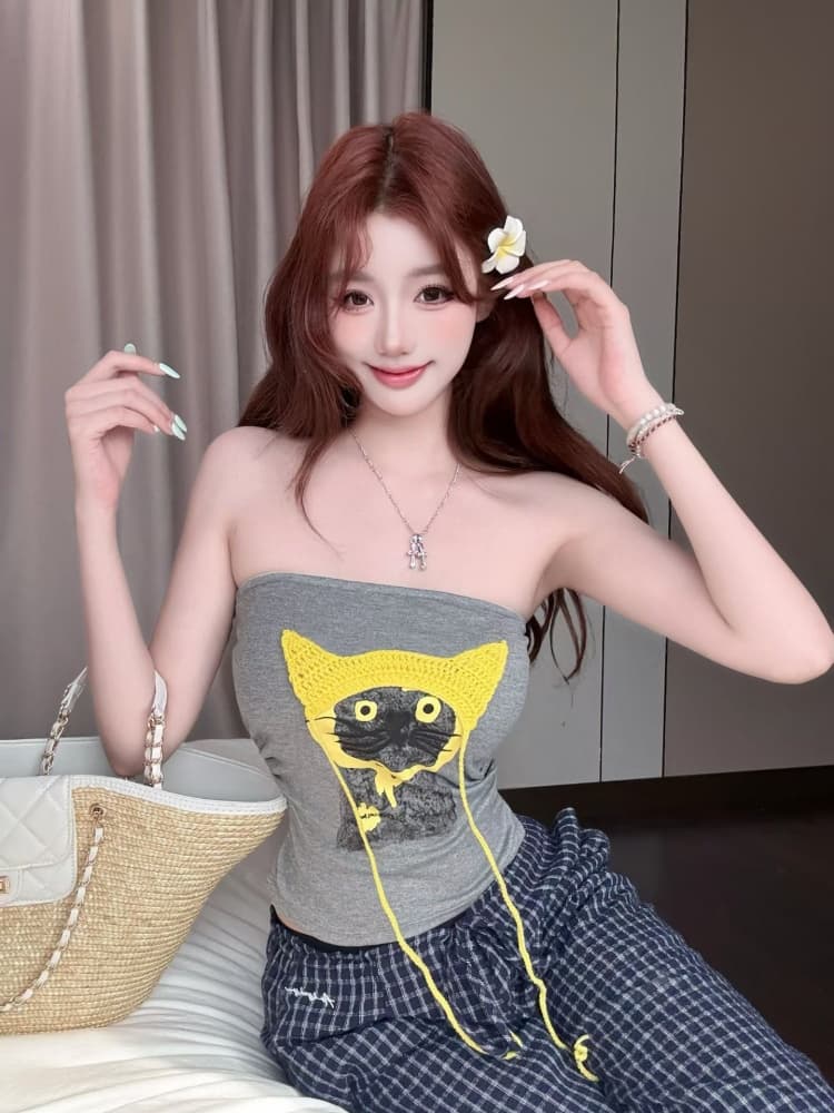 실사 정가 감소되지 않음 핫걸 바람 고양이 프린트 튜브탑 조끼 여성 벨트 가슴 패드 몸매 가꾸기 슬림해 보이는 오프숄더 맨위 상세 이미지 12