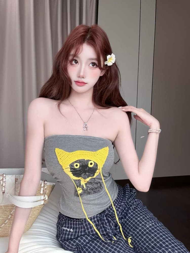 실사 정가 감소되지 않음 핫걸 바람 고양이 프린트 튜브탑 조끼 여성 벨트 가슴 패드 몸매 가꾸기 슬림해 보이는 오프숄더 맨위 상세 이미지 13