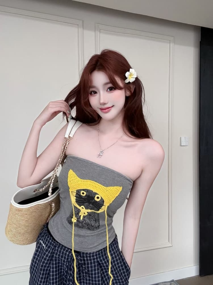실사 정가 감소되지 않음 핫걸 바람 고양이 프린트 튜브탑 조끼 여성 벨트 가슴 패드 몸매 가꾸기 슬림해 보이는 오프숄더 맨위 상세 이미지 15
