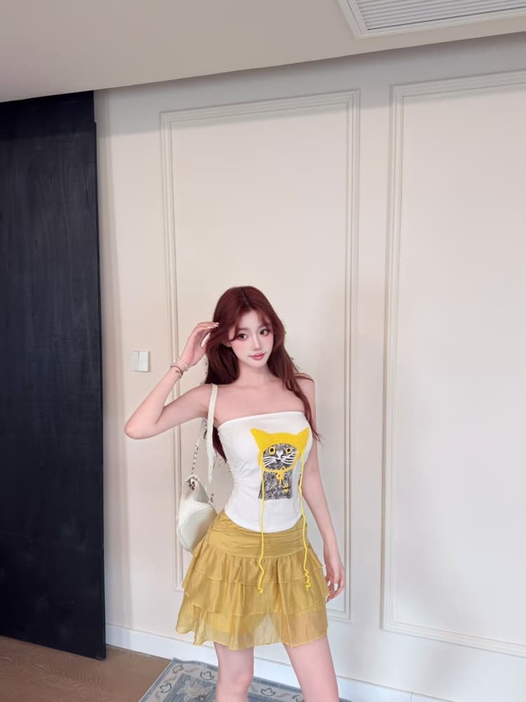 실사 정가 감소되지 않음 핫걸 바람 고양이 프린트 튜브탑 조끼 여성 벨트 가슴 패드 몸매 가꾸기 슬림해 보이는 오프숄더 맨위 상세 이미지 16