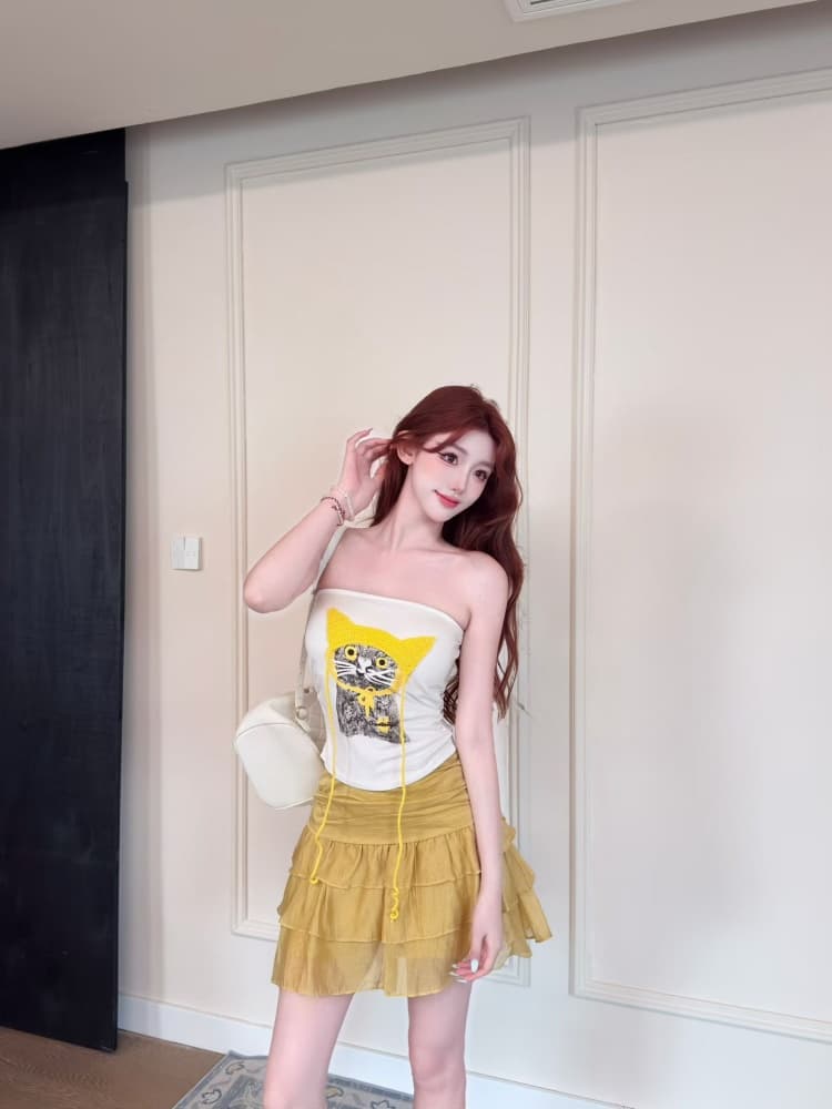 실사 정가 감소되지 않음 핫걸 바람 고양이 프린트 튜브탑 조끼 여성 벨트 가슴 패드 몸매 가꾸기 슬림해 보이는 오프숄더 맨위 상세 이미지 18