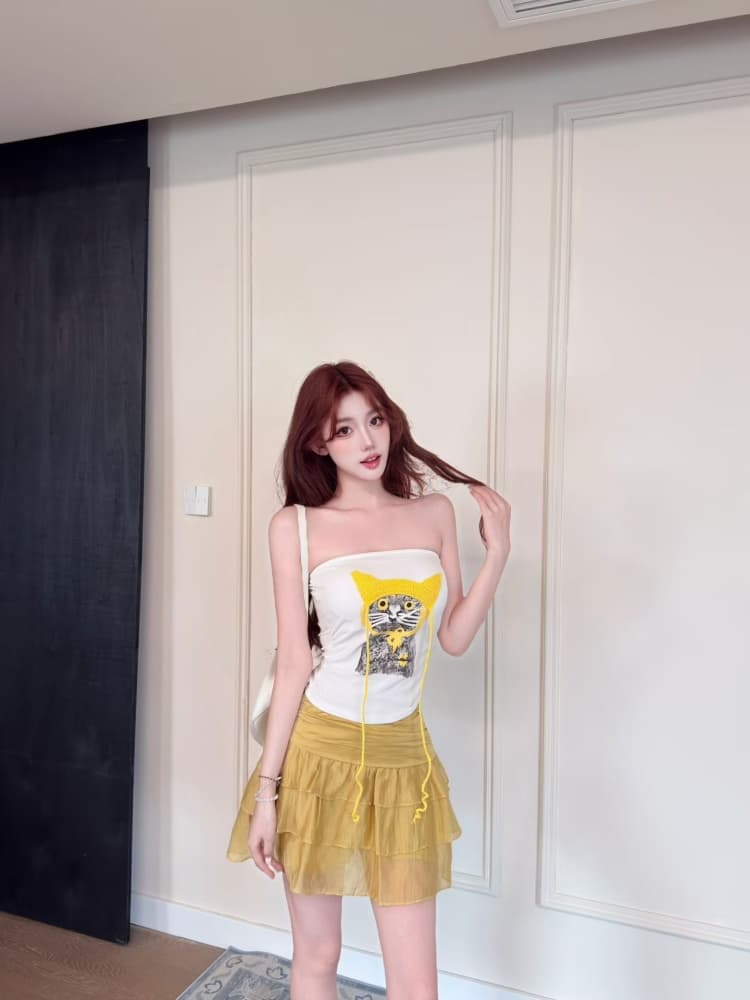실사 정가 감소되지 않음 핫걸 바람 고양이 프린트 튜브탑 조끼 여성 벨트 가슴 패드 몸매 가꾸기 슬림해 보이는 오프숄더 맨위 상세 이미지 20