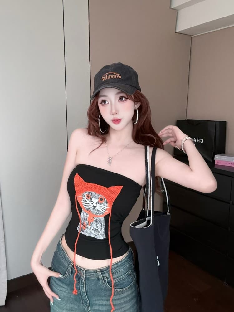 실사 정가 감소되지 않음 핫걸 바람 고양이 프린트 튜브탑 조끼 여성 벨트 가슴 패드 몸매 가꾸기 슬림해 보이는 오프숄더 맨위 상세 이미지 26