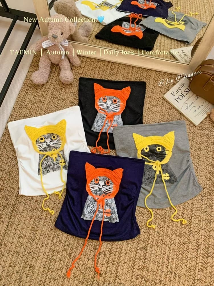 실사 정가 감소되지 않음 핫걸 바람 고양이 프린트 튜브탑 조끼 여성 벨트 가슴 패드 몸매 가꾸기 슬림해 보이는 오프숄더 맨위 상세 이미지 27